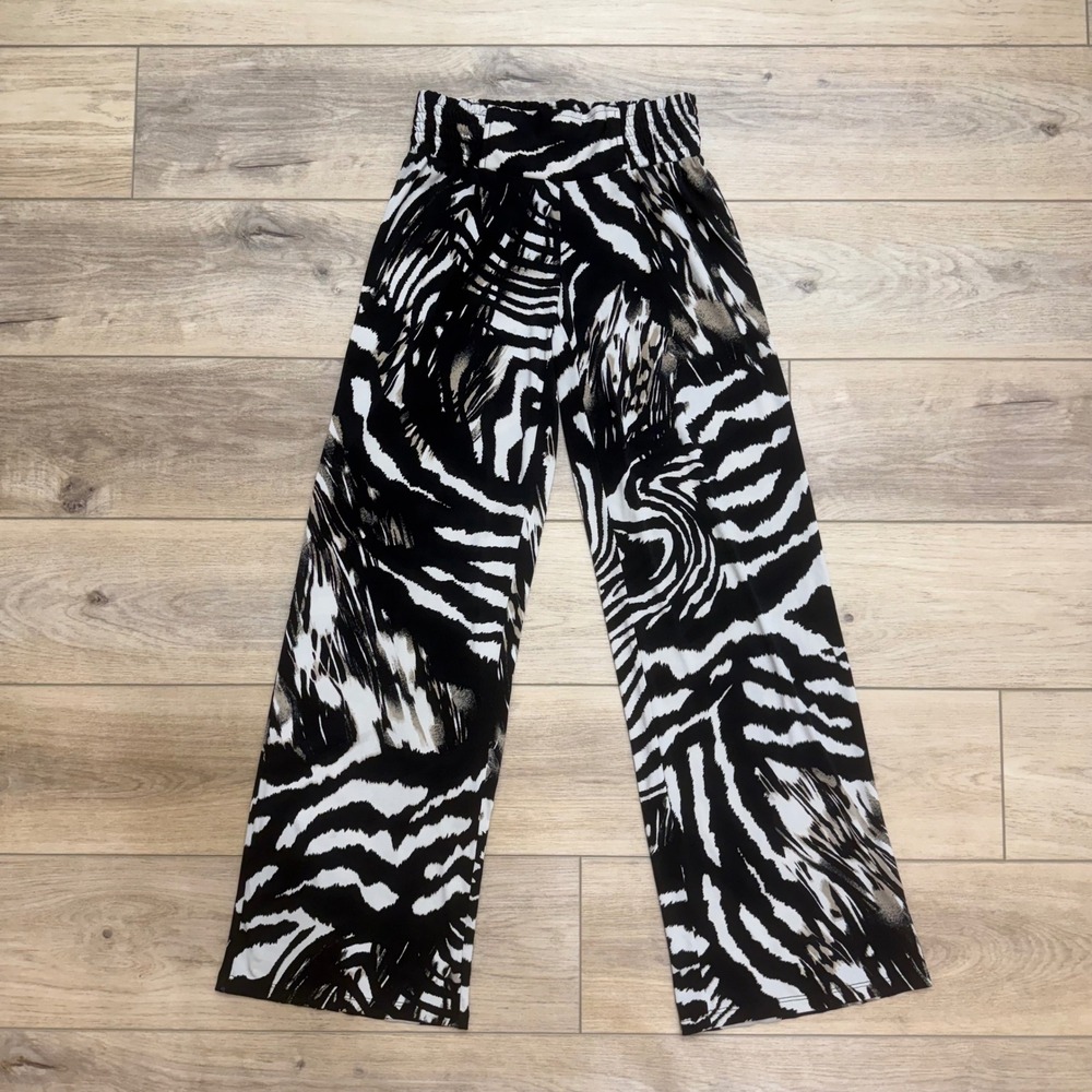Cache Zebra Print Wide Leg Pants Womens Size 2 Pull On Animal Print Smocked